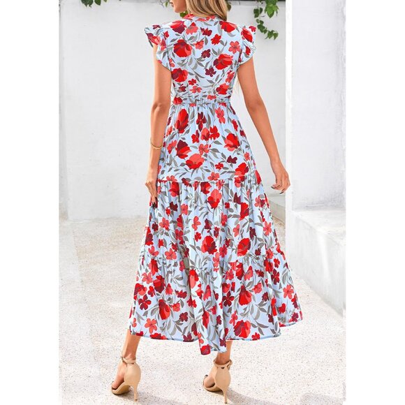 Women's Floral Midi Dress Summer Boho V Neck Cap Sleeve Ruffle Beach - Picture 2 of 8